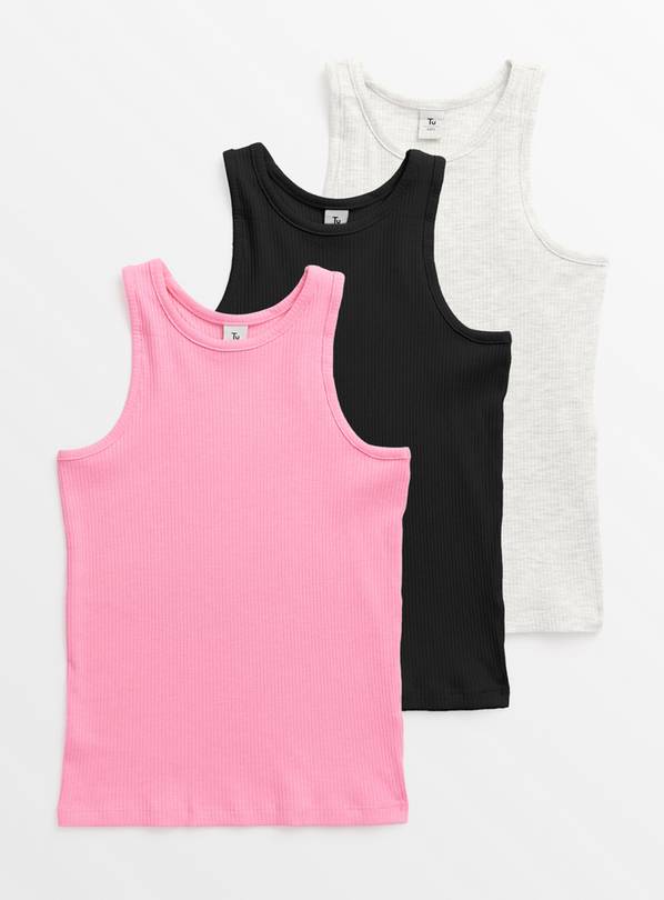 Pink, Black & Grey Ribbed Vests 3 Pack  10 years